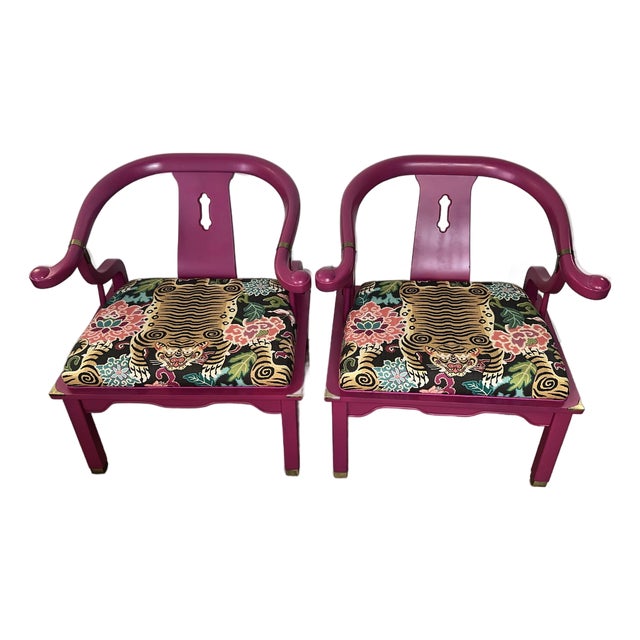 1960s Pair Asian Occasional Chairs Attributed James Mont Tiger Pattern Fabric For Sale