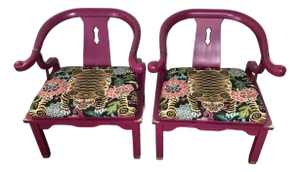 1960s Pair Asian Occasional Chairs Attributed James Mont Tiger Pattern Fabric