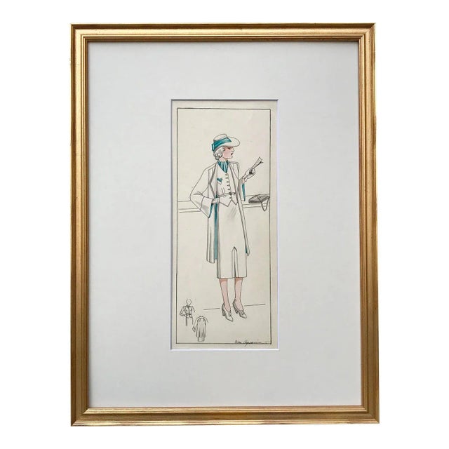 Paint Original Art Deco Era Watercolor Painting Fashion Design by L. Aquaviva 1934 For Sale - Image 7 of 7