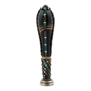 Antique Silver Turquoise and Garnet Mounted Black Agate Seal