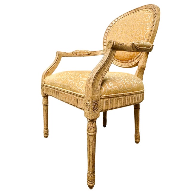 French French Louis XVI Medallion Back Armchair With Crème-Peinte Distressed Finish For Sale - Image 3 of 17