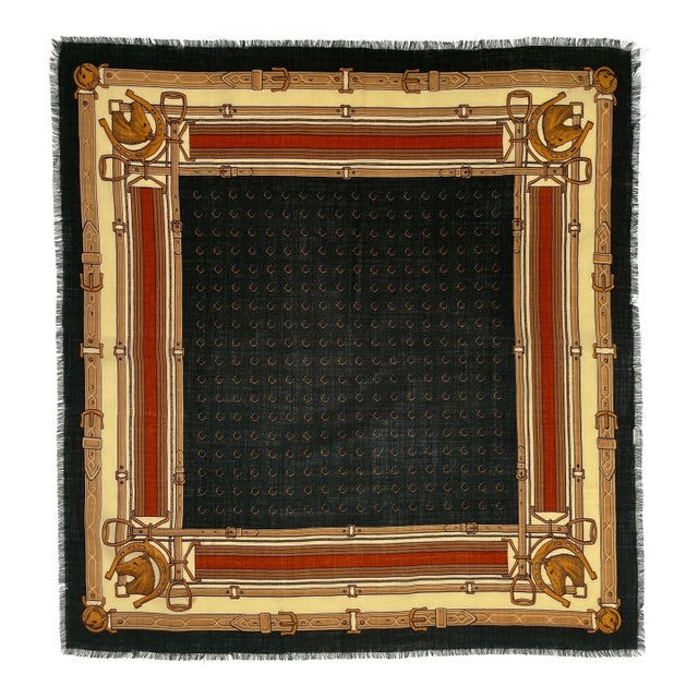 In the classic style of Ralph Lauren, this equestrian and fox hunt-themed wool challis scarf has a black center panel...
