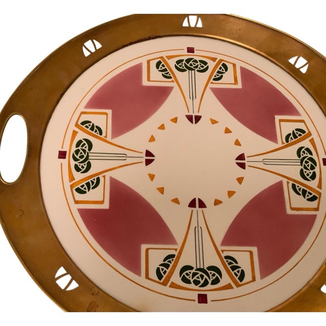 Antique German Jugendstil Wächtersbach Attributed Ceramic & Pierced Brass Tray C. 1905-1920 For Sale - Image 4 of 9