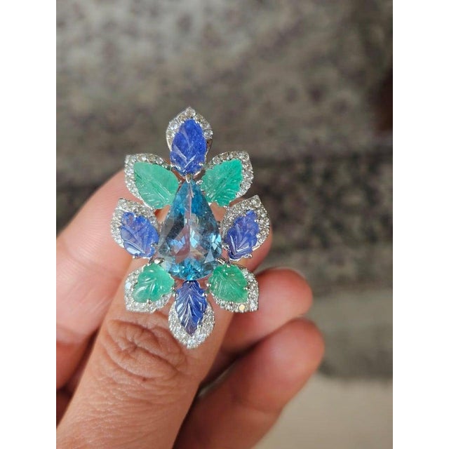 Set in 18k Gold, Aquamarine, Blue Sapphires, Emeralds & Diamonds Cocktail Ring, Us Size 7 For Sale - Image 9 of 10