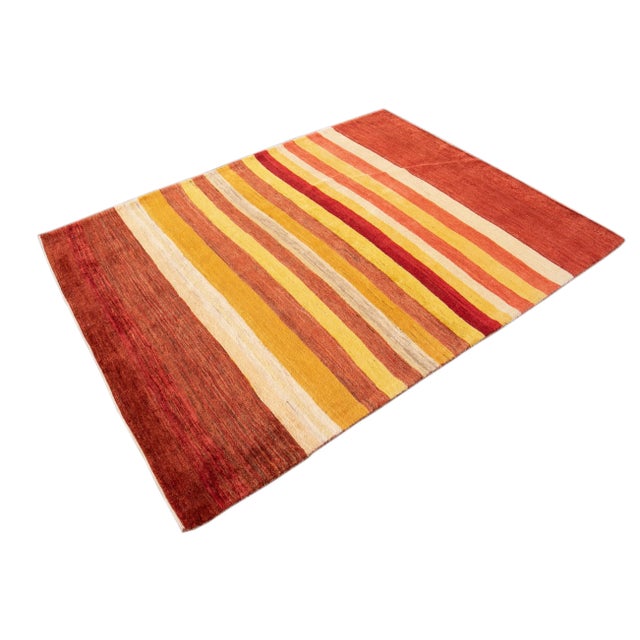 Vintage Gabbeh Handmade Orange Stripes Wool Rug For Sale - Image 4 of 7