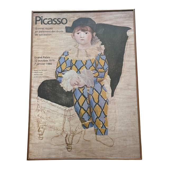Vintage Framed Exhibition Poster of Pablo Picasso's "Paul en Arlequin" (Paul as Harlequin) From a 1979-1980 Show at the Grand Palais in Paris, France For Sale