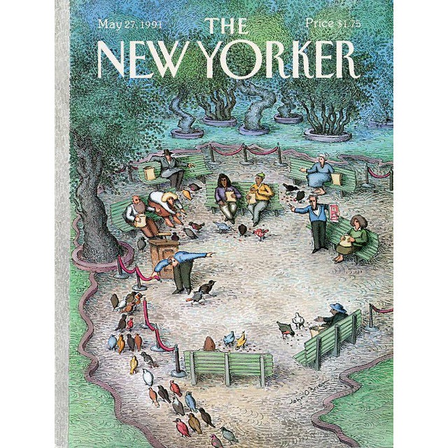 Original vintage New Yorker magazine cover dated May 27, 1991 featuring a Pigeons in the Park theme. Based on an...