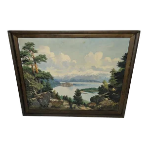 Jens Tvedt Large Oil on Masonite Painting of Mountain Lake & Mountain Scenery, Framed