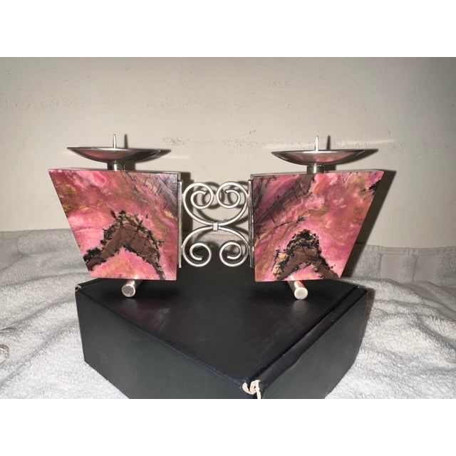Vintage 1970’ S Soviet Russian Modernist Rhodonite & 875 Silver Candle Holder For Sale In Philadelphia - Image 6 of 12