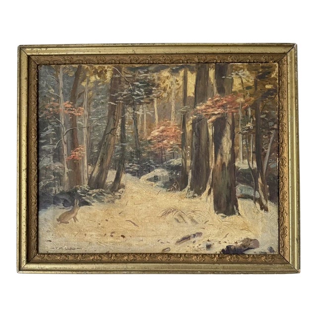 1900s American Tonalist Winter Forest Landscape Oil Painting by f.m. Lamb - Framed For Sale