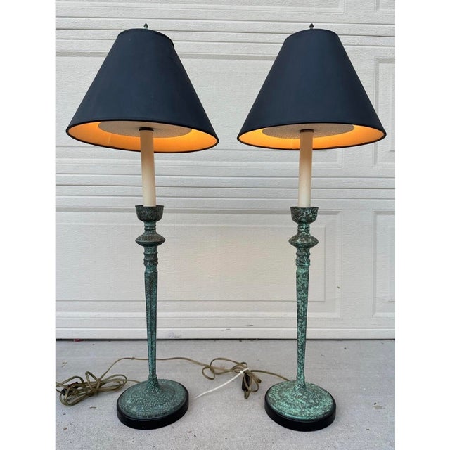 Pair of Vintage Frederick Cooper Verdigris Candlestick Buffet Table Lamps For Sale In San Diego - Image 6 of 18