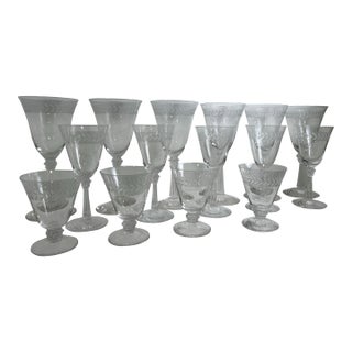 Mid Century Modern Set of 16 Mixed Vintage Fostoria Laurel Wreath Pattern in Fine Crystal, 5 Wine Glasses 6 Water Goblets and 4 Limoncello Glasses For Sale