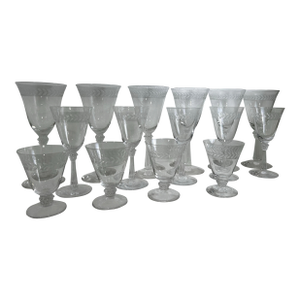 Mid Century Modern Set of 16 Mixed Vintage Fostoria Laurel Wreath Pattern in Fine Crystal, 5 Wine Glasses 6 Water Goblets and 4 Limoncello Glasses
