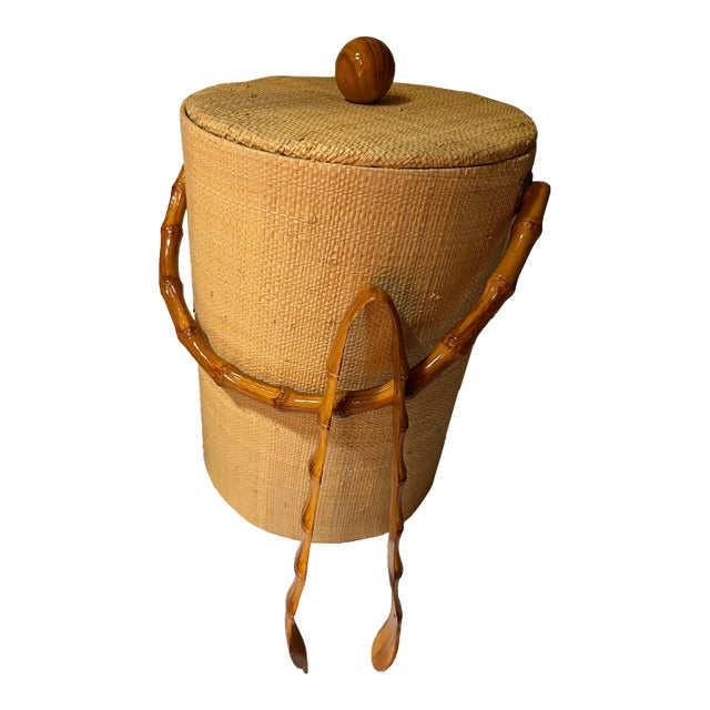 Vintage Grasscloth Ice Bucket With Matching Bamboo Tongs For Sale