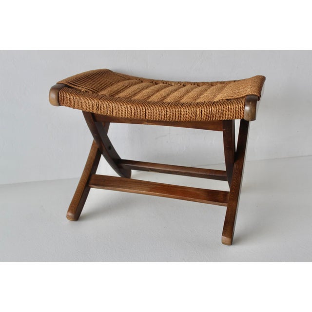 Mid 20th Century Mid-Century Danish Modern Hans Wegner Style Wood Rope Cord Folding Stool Ottoman For Sale - Image 5 of 18