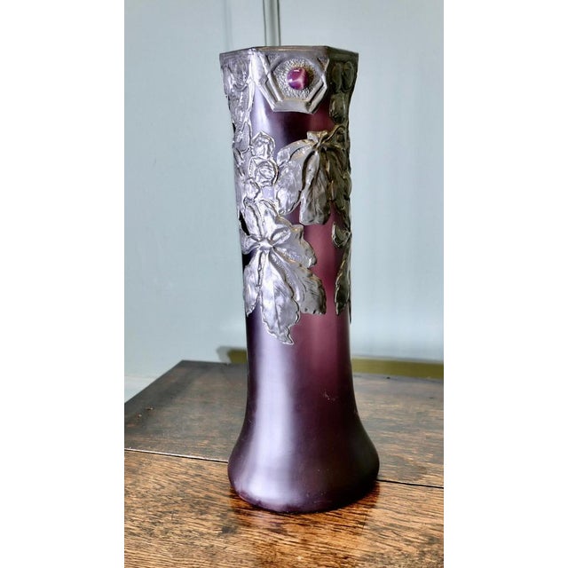 French Art Nouveau Amethyst Vase with Pewter Overlay Tall Aesthetic amethyst glass vase overlayed with pewter, a floral...