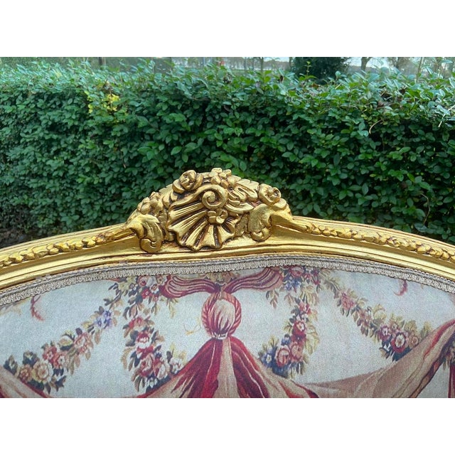 c.1900 French Marquise Gold Beech Velvet Loveseat For Sale - Image 10 of 13