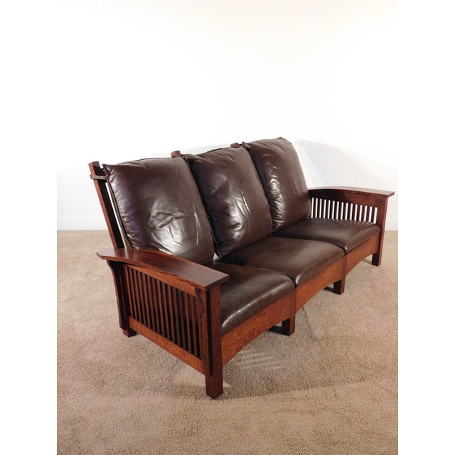 Vintage Antique Style Mission Prairie Arts & Crafts Dark Oak Scallop Back Sofa For Sale - Image 15 of 16