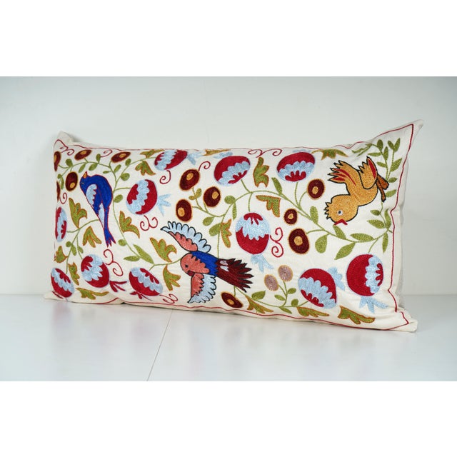 Mid-Century Modern Bird Suzani Lumbar Pillow Cover – Hand Embroidered Boho Decor (17'' X 34'') For Sale - Image 3 of 5