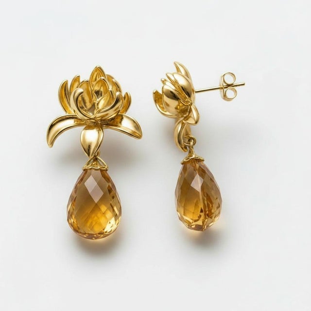 Modern Lotus Citrine Drop Earrings, Pair For Sale - Image 3 of 7
