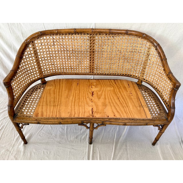 Chinoiserie Faux Bamboo & Caned Barrel Back Settee Loveseat For Sale - Image 11 of 12