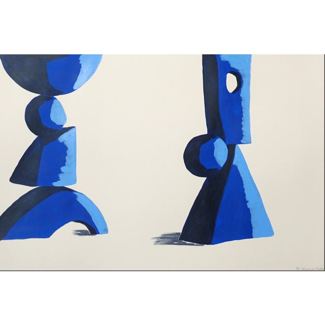 Blue 2028, Modern Cubist Painting Diptych, Minimalist Sculpture Garden, Acrylic Paint on Watercolor Paper For Sale - Image 8 of 9