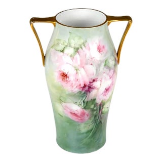 Large Bavarian Porcelain Double Handled Vase / Hand Painted Roses & Gold For Sale