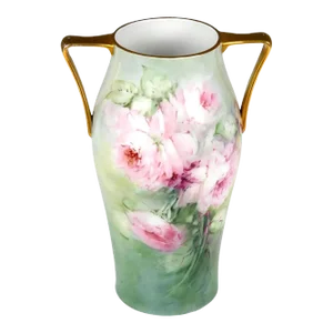 Large Bavarian Porcelain Double Handled Vase / Hand Painted Roses & Gold