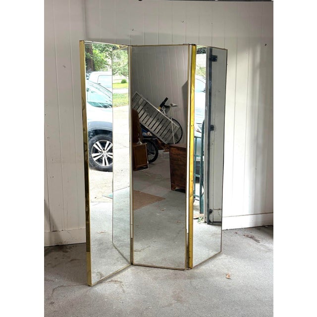 Hollywood Regency 1970s Brass Mirrored 3-Panel Screen For Sale - Image 4 of 8