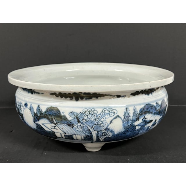 Late 20th Century Chinese Art Porcelain Blue and White Incense Burner With Mountain Scenery Design For Sale In New York - Image 6 of 14
