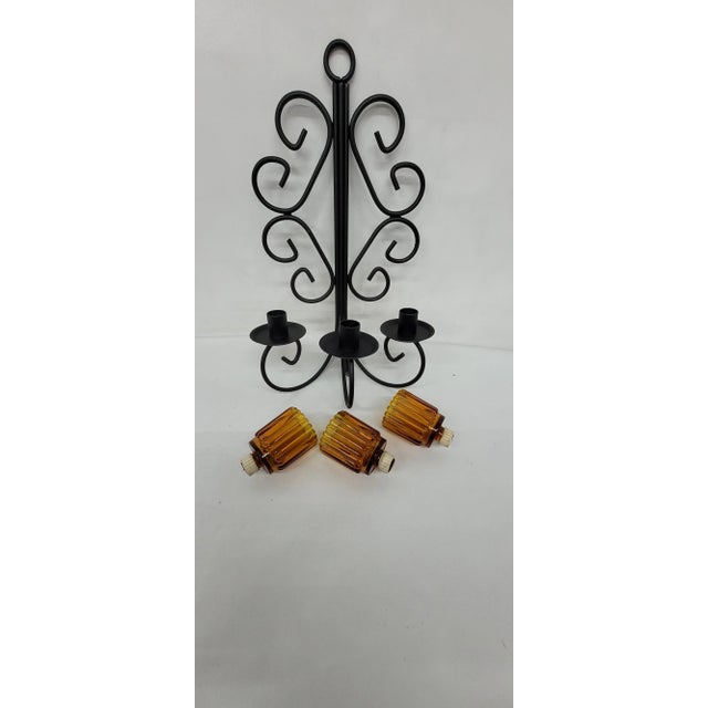 Gold Mid-Century Metal Wall Sconce Wrought Iron Candelabra Gold Glass Globes For Sale - Image 8 of 9