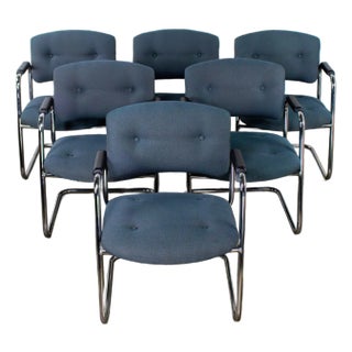 Late 20th Century Modern Set of 6 Chrome Cantilever Chairs W/Gray Fabric by United Chair Company For Sale