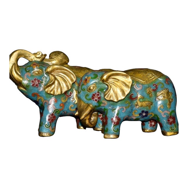 Vintage Pair of Chinese Cloisonne Enamel Elephants - Gilt Bronze Figures For Sale