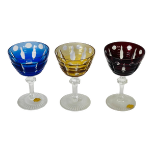 Vintage Czech Miser Coloured Crystal Cut to Clear 3 Stem Glasses, Czech