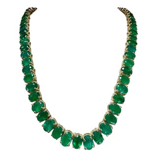 Gia Certified 110 Ct Natural Oval Emerald Necklace, 14 K Gold 57.3 Gm , 18 " For Sale