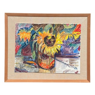 Sunflowers Monogram, 1950s, Oil Painting on Panel, Framed For Sale