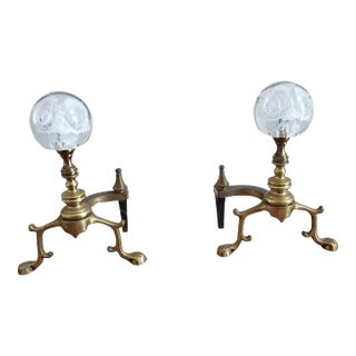 Pair of Regency Brass & Murano Glass Ball Andirons For Sale