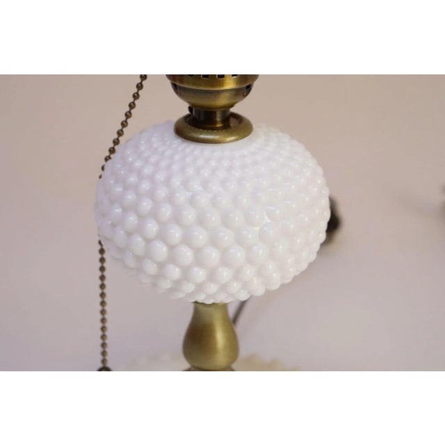 Glass Pair of Petite Mid-Century Modern Hobnail Milk Glass Saucer Boudoir Bedside Table Lamps For Sale - Image 7 of 12