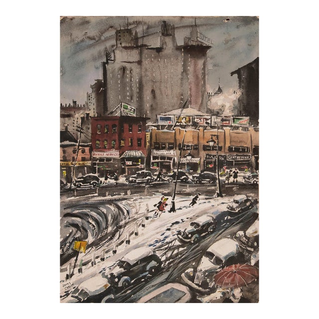 'Winter in the City' by James Carlin, Mid-Century Urban Landscape Featuring 1930s Scaffold Sky Sign, American Modern Realism For Sale