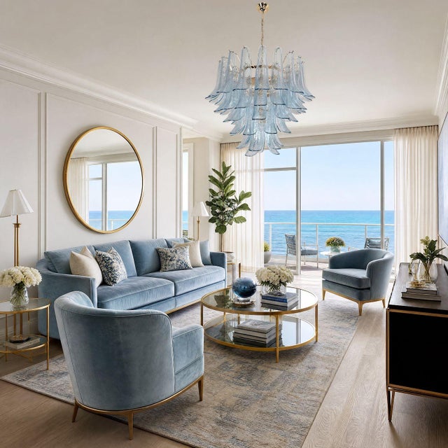 Mid century modern pastel blue Murano glass chandelier, Italy 1980s. The Murano glass chandelier is made of delicate...