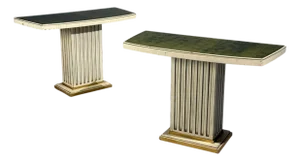 Pair Maison Jansen Painted and Eglomise Emerald Green Glass Top Console Tables