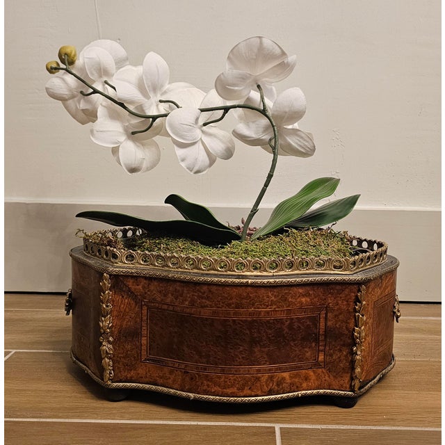 Gorgeous Maple Burl Wooden Jardiniere with Decorative Bronze Accents. Original metal liner intact and included. Garnish...