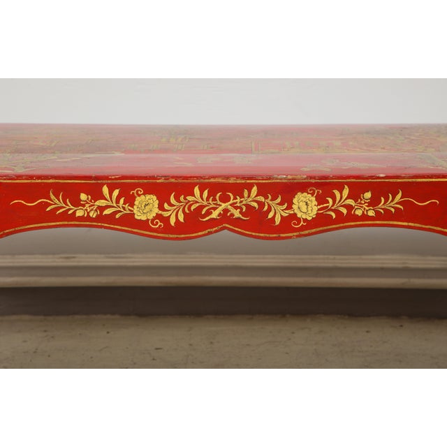 1940s Vintage Hand Painted Red Lacquered Chinoiserie Cocktail/Coffee Table For Sale - Image 5 of 11