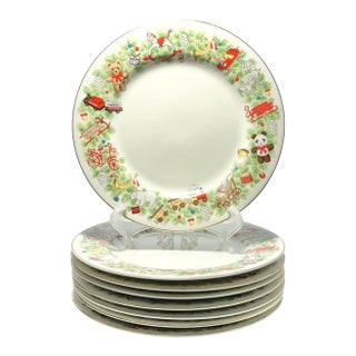 1980s (David) Shibata Toki “Toy Shop” Set of 8 Christmas Bone China Salad Plates For Sale