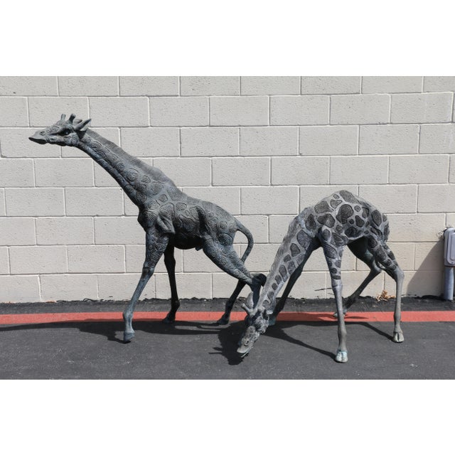 A striking and whimsical pair of vintage bronze giraffe sculptures, beautifully crafted and full of personality. This...