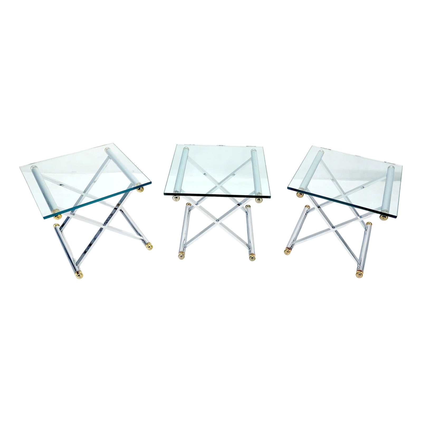 Set of 3 Chrome X Bases Square Glass Tops Occasional Side End Lamp ...