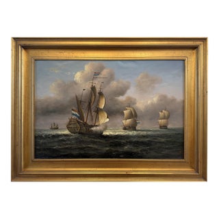 Vintage Maritime Seascape Oil Painting With Dutch Ships Nautical Naval Art For Sale