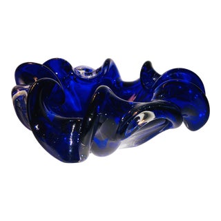 Vintage Deep Blue & Clear Art Glass Bowl For Sale