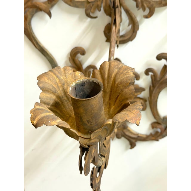Large Pair Venetian Gilt & Polychromed Tole Candle Sconces Italy, circa 1890s For Sale - Image 13 of 18