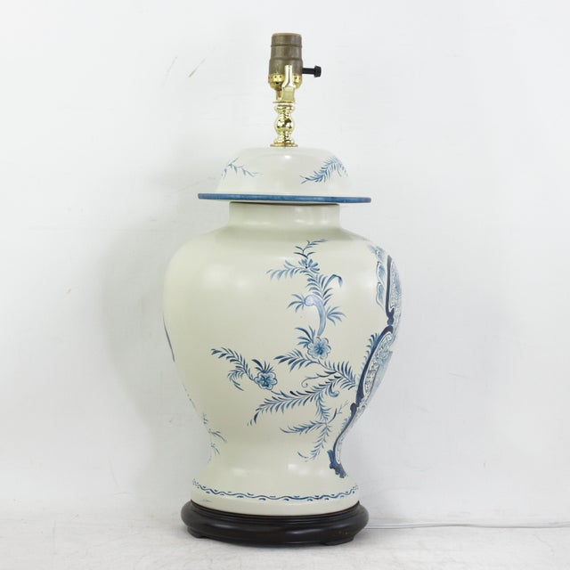 Pair of Vintage Hand Painted Blue and Cream Ceramic Ginger Jar Table Lamps With Deer and Floral Folk Art Design For Sale In New York - Image 6 of 15
